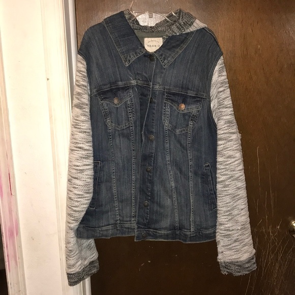 denim jacket with cotton sleeves and hood